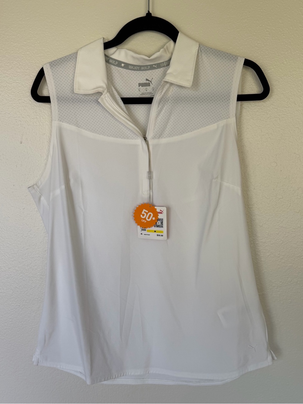 Puma White Sleeveless Mesh-Yoke Zip Tank